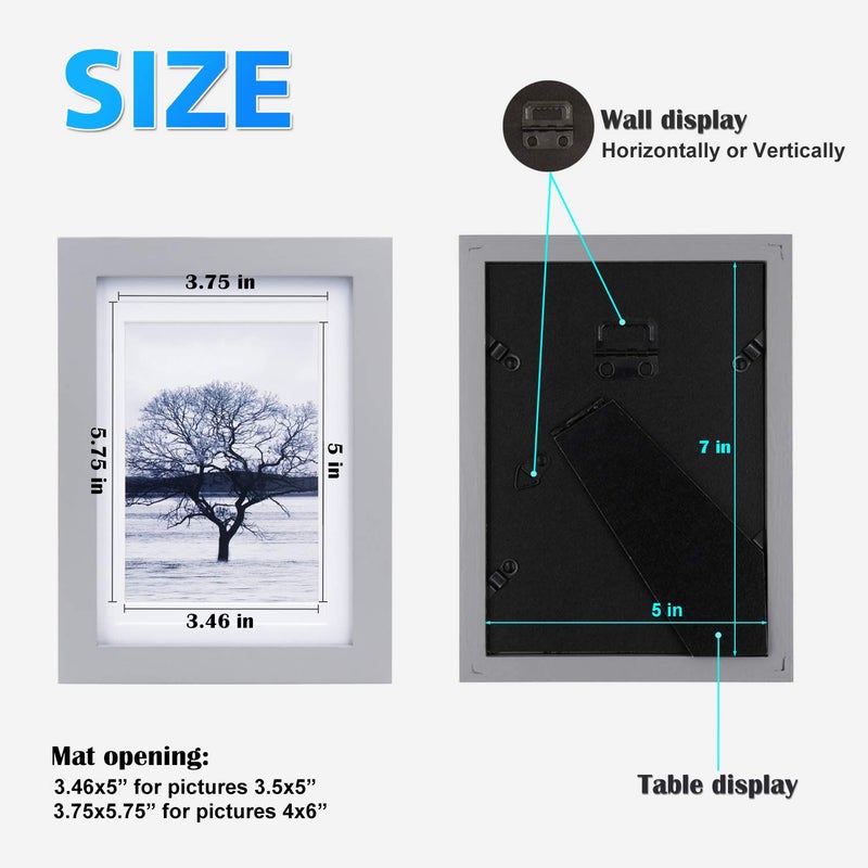 Egofine 5x7 Picture Frames Covered by Plexiglass, 4 Pack for Picture 4x6 with Mat or 5x7 whitout Mat Made of Solid Wood for Table Top Display and Wall Mounting Photo Frame, Light Gray - Image 3